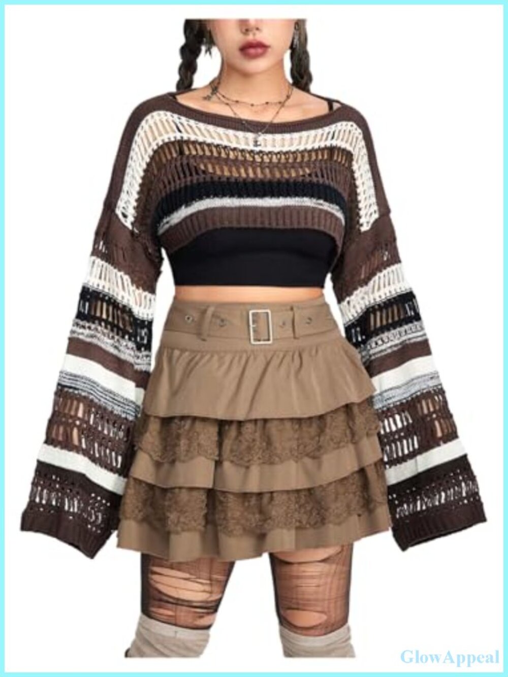 Striped Crochet Shrug Sweater Boat Neck Crop Long Bell Sleeve Pullover